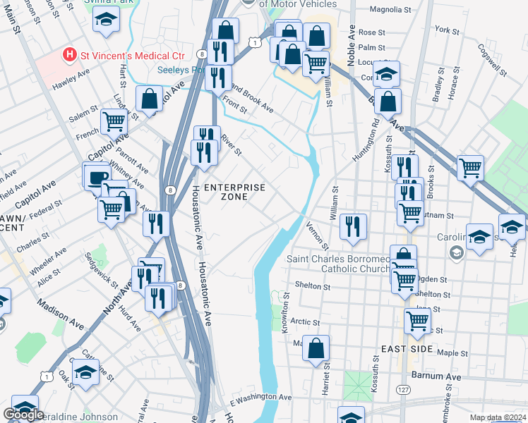 map of restaurants, bars, coffee shops, grocery stores, and more near 90 Lindley Street in Bridgeport