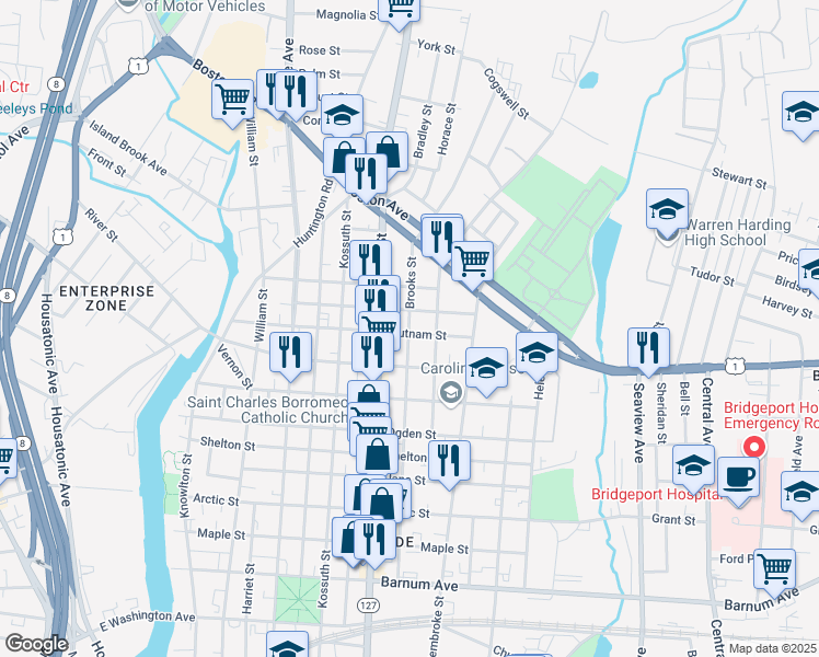 map of restaurants, bars, coffee shops, grocery stores, and more near 622 Brooks Street in Bridgeport
