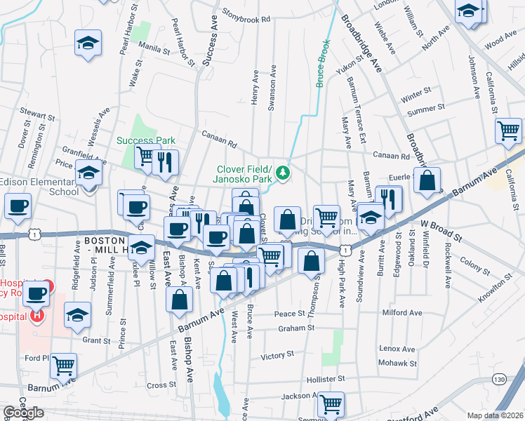 map of restaurants, bars, coffee shops, grocery stores, and more near 116 Clover Street in Stratford