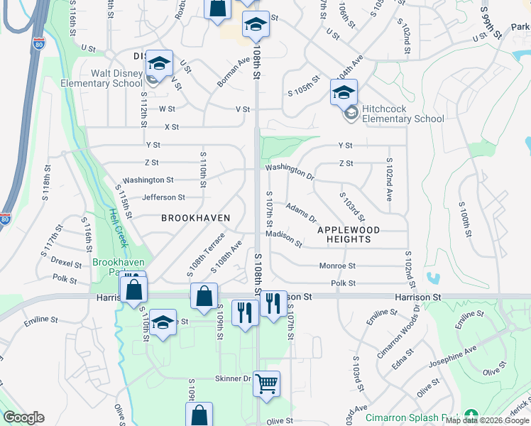 map of restaurants, bars, coffee shops, grocery stores, and more near 6416 South 107th Street in Omaha