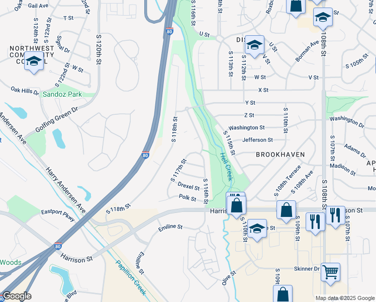 map of restaurants, bars, coffee shops, grocery stores, and more near 6528 South 117th Street in Omaha