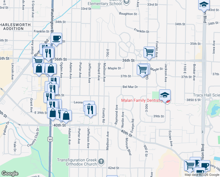 map of restaurants, bars, coffee shops, grocery stores, and more near 719 Bel Mar Drive in South Ogden