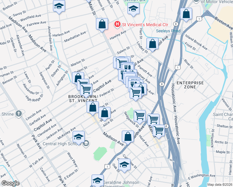 map of restaurants, bars, coffee shops, grocery stores, and more near 113 Federal Street in Bridgeport