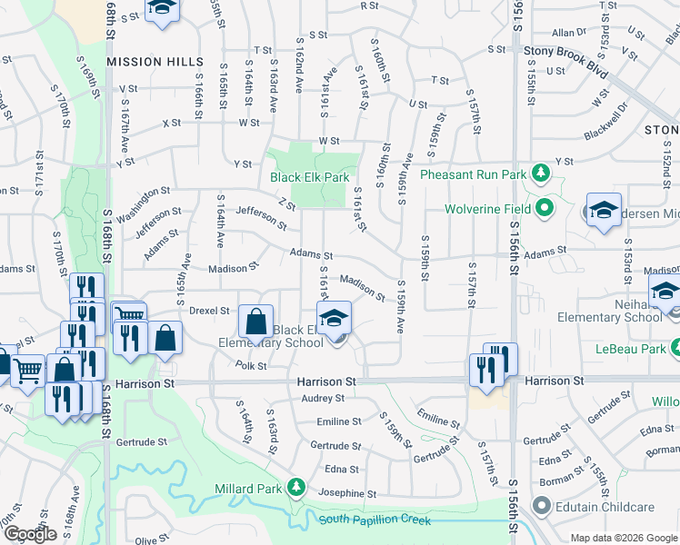 map of restaurants, bars, coffee shops, grocery stores, and more near 16108 Madison Street in Omaha