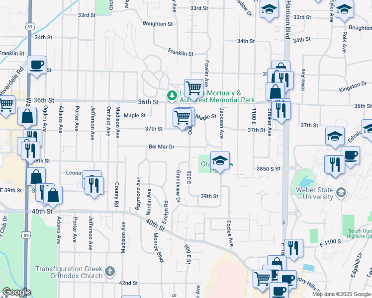 map of restaurants, bars, coffee shops, grocery stores, and more near 3762 Quincy Avenue in Ogden