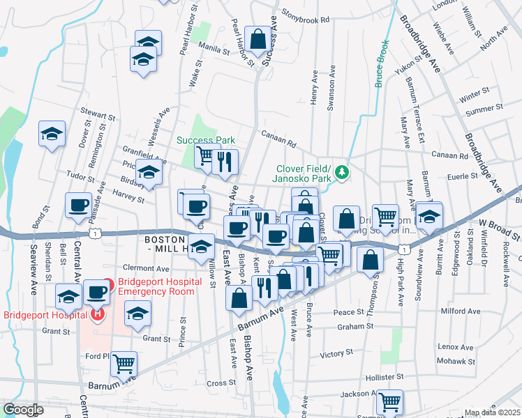 map of restaurants, bars, coffee shops, grocery stores, and more near 347 Kent Avenue in Bridgeport