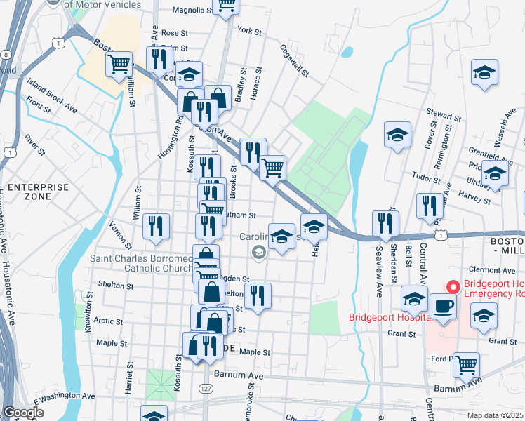 map of restaurants, bars, coffee shops, grocery stores, and more near 485 Putnam Street in Bridgeport