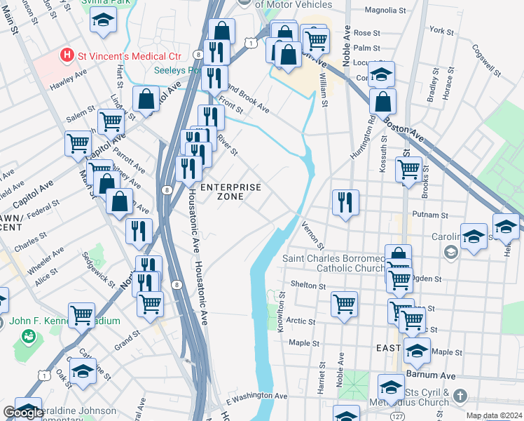 map of restaurants, bars, coffee shops, grocery stores, and more near 90 Lindley Street in Bridgeport