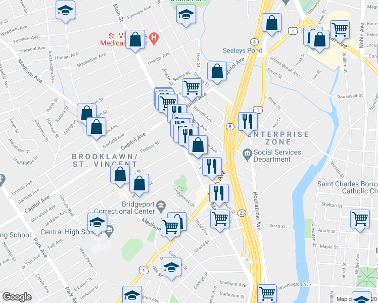 map of restaurants, bars, coffee shops, grocery stores, and more near 2304 Main Street in Bridgeport