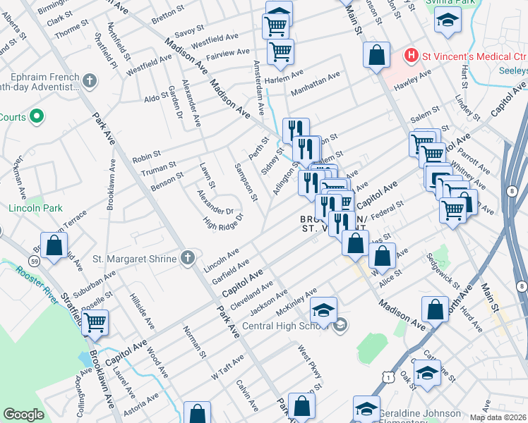 map of restaurants, bars, coffee shops, grocery stores, and more near 31 Sampson Street in Bridgeport