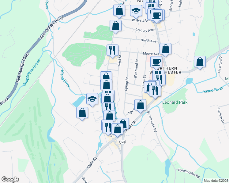 map of restaurants, bars, coffee shops, grocery stores, and more near 261 West Street in Mount Kisco