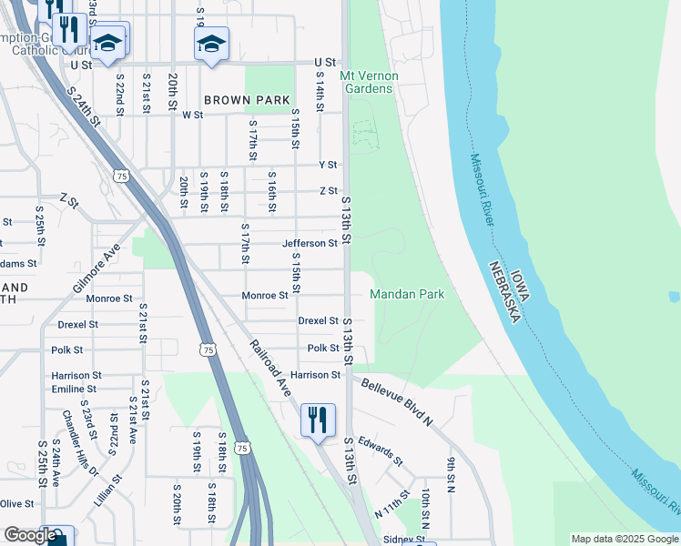 map of restaurants, bars, coffee shops, grocery stores, and more near 1309 Madison Street in Omaha