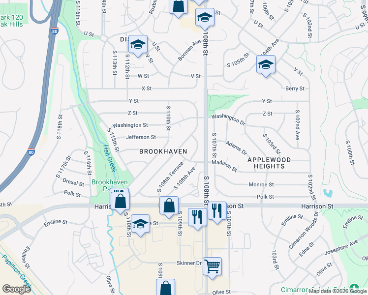 map of restaurants, bars, coffee shops, grocery stores, and more near 6424 South 109th Street in Omaha