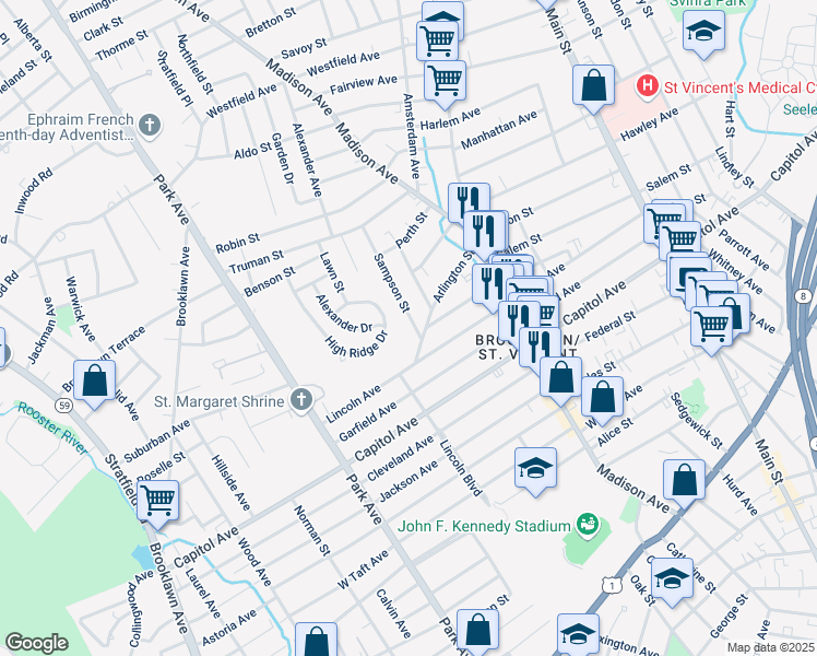 map of restaurants, bars, coffee shops, grocery stores, and more near 31 Sampson Street in Bridgeport