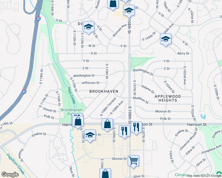 map of restaurants, bars, coffee shops, grocery stores, and more near 6424 South 109th Street in Omaha