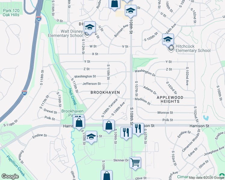 map of restaurants, bars, coffee shops, grocery stores, and more near 6424 South 109th Street in Omaha
