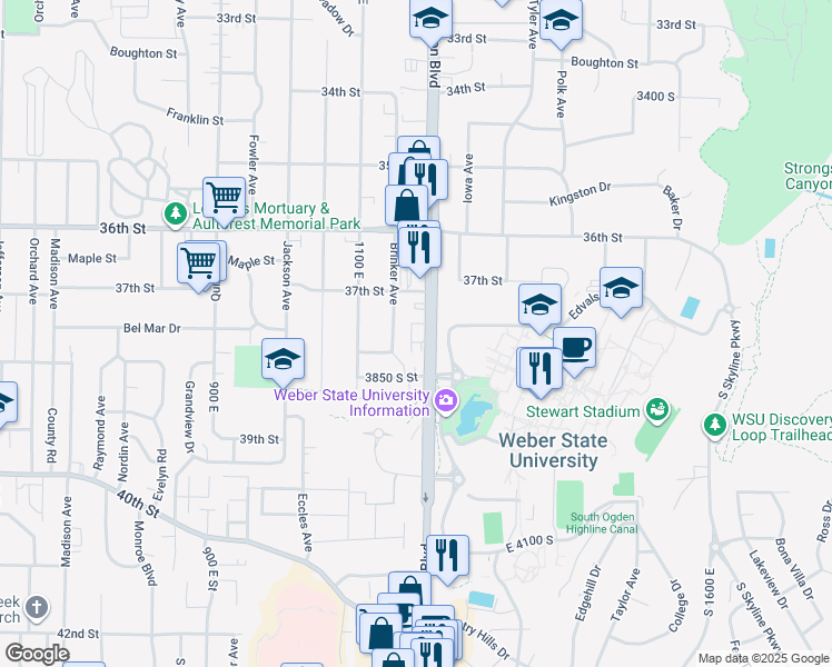 map of restaurants, bars, coffee shops, grocery stores, and more near 3765 Harrison Boulevard in Ogden