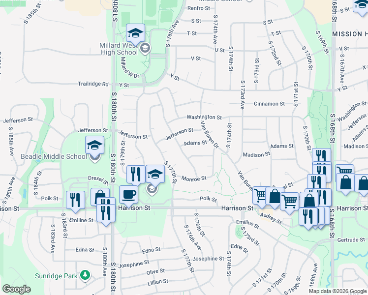 map of restaurants, bars, coffee shops, grocery stores, and more near 6405 South 176th Street in Omaha