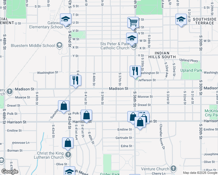 map of restaurants, bars, coffee shops, grocery stores, and more near 3804 Madison Street in Omaha