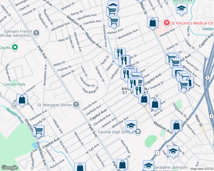 map of restaurants, bars, coffee shops, grocery stores, and more near 31 Sampson Street in Bridgeport