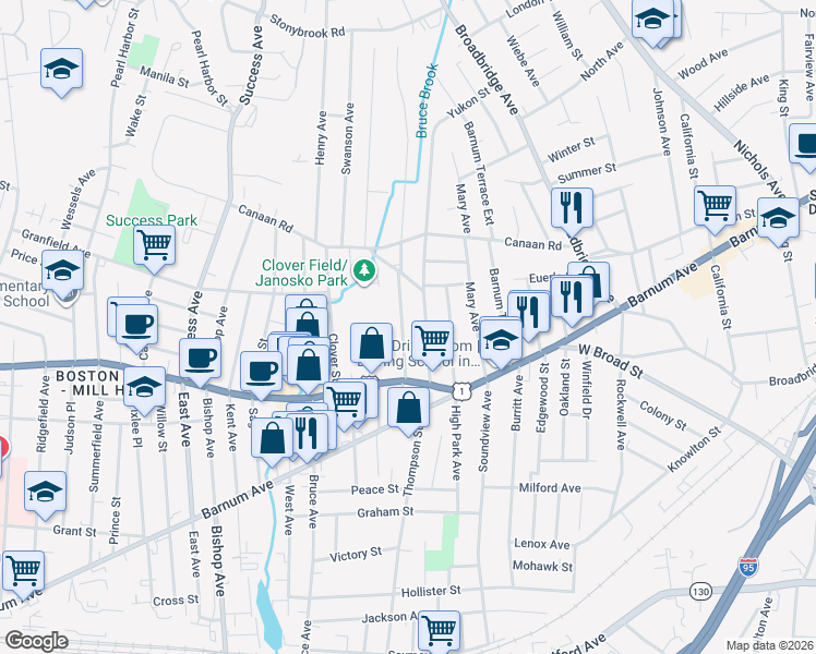 map of restaurants, bars, coffee shops, grocery stores, and more near 89 Franklin Avenue in Bridgeport