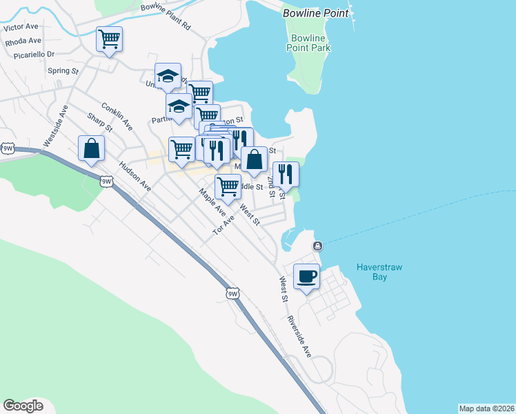 map of restaurants, bars, coffee shops, grocery stores, and more near 50 3rd Street in Congers