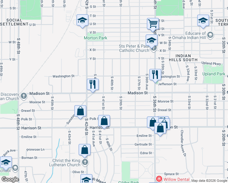 map of restaurants, bars, coffee shops, grocery stores, and more near 6255 South 40th Street in Omaha