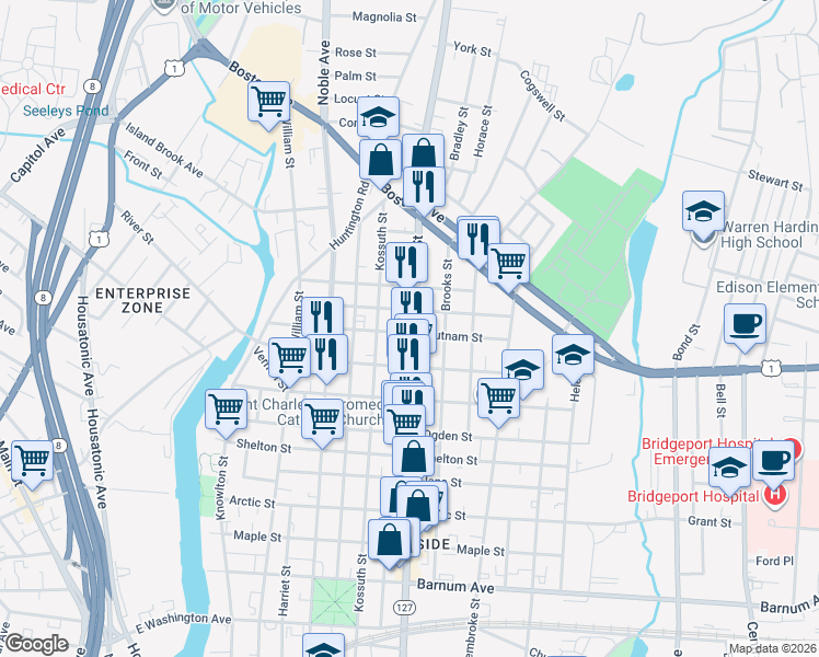 map of restaurants, bars, coffee shops, grocery stores, and more near 305 Putnam Street in Bridgeport