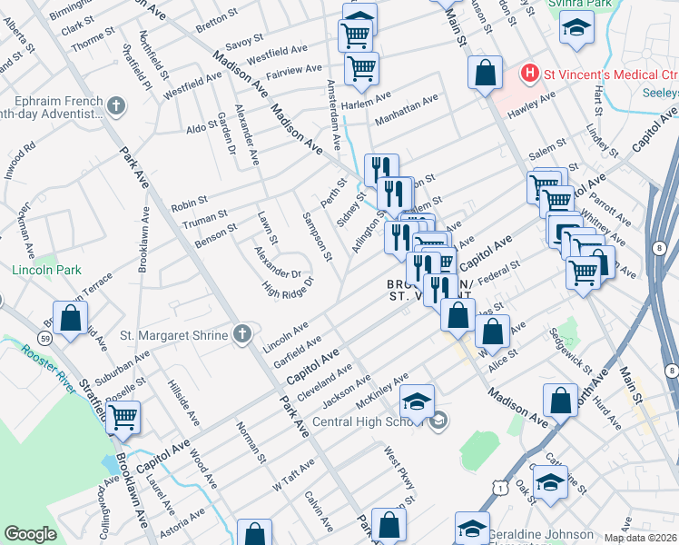 map of restaurants, bars, coffee shops, grocery stores, and more near 31 Sampson Street in Bridgeport