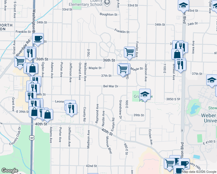 map of restaurants, bars, coffee shops, grocery stores, and more near 803 Bel Mar Drive in Ogden