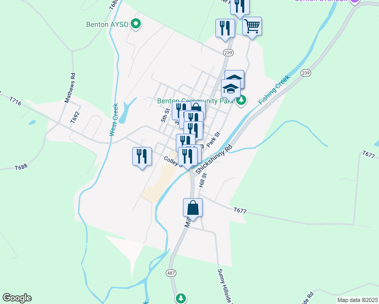 map of restaurants, bars, coffee shops, grocery stores, and more near Pennsylvania 487 in Benton