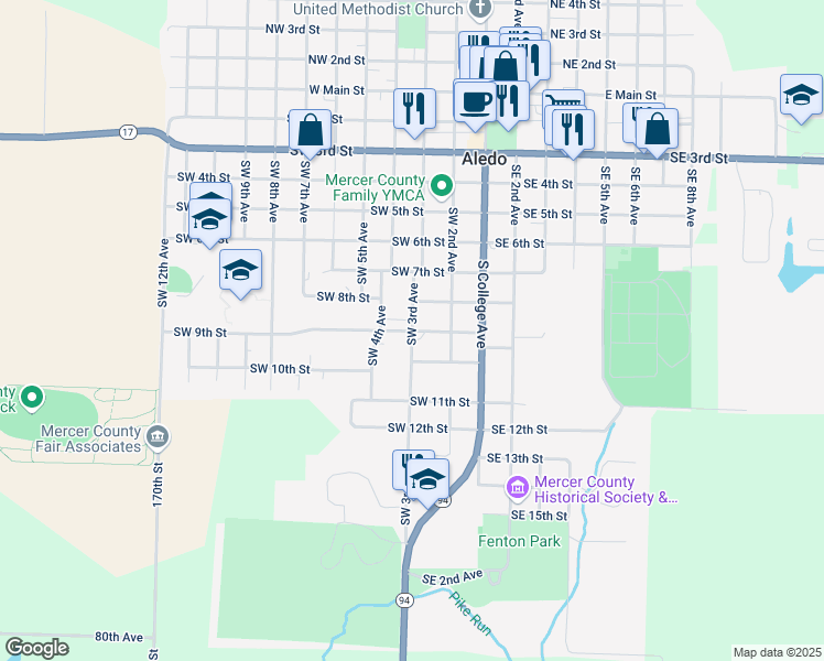 map of restaurants, bars, coffee shops, grocery stores, and more near Southwest 3rd Avenue in Aledo
