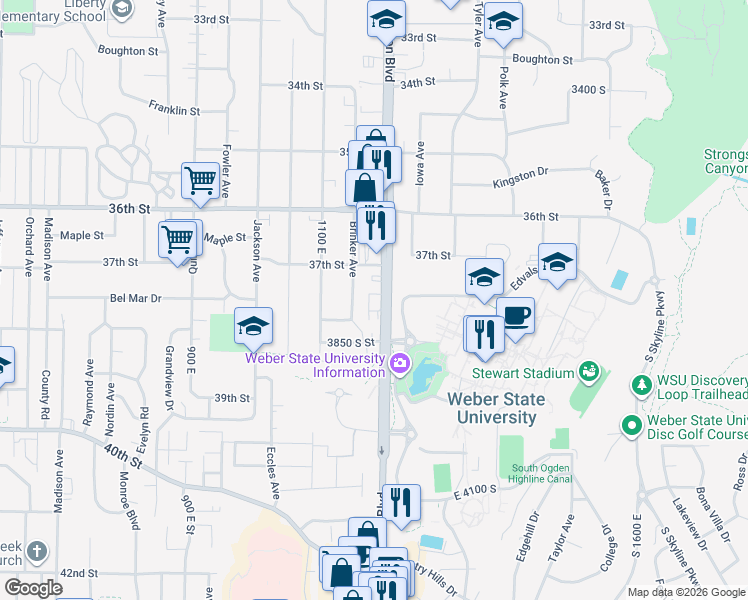 map of restaurants, bars, coffee shops, grocery stores, and more near 3765 Harrison Boulevard in Ogden