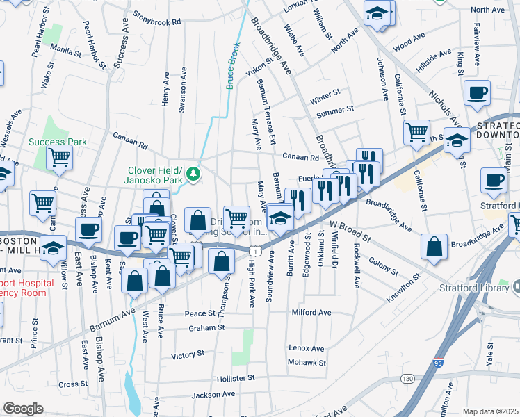 map of restaurants, bars, coffee shops, grocery stores, and more near 110 College Street in Stratford