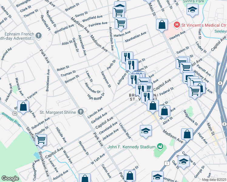 map of restaurants, bars, coffee shops, grocery stores, and more near 31 Sampson Street in Bridgeport