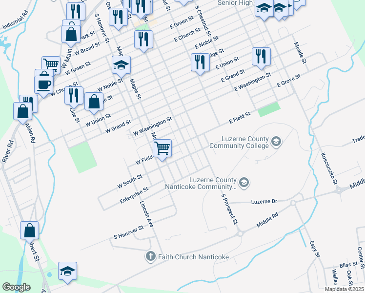 map of restaurants, bars, coffee shops, grocery stores, and more near 1126 South Market Street in Nanticoke