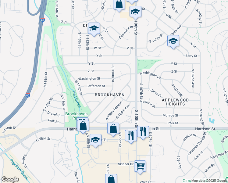 map of restaurants, bars, coffee shops, grocery stores, and more near 6424 South 109th Street in Omaha
