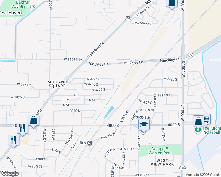 map of restaurants, bars, coffee shops, grocery stores, and more near 118 West 3775 South in Roy