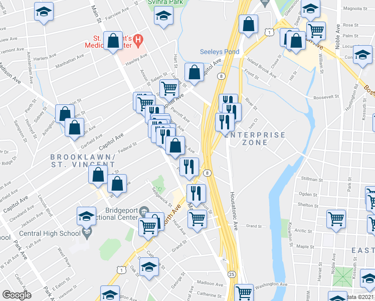map of restaurants, bars, coffee shops, grocery stores, and more near 95 Gem Avenue in Bridgeport