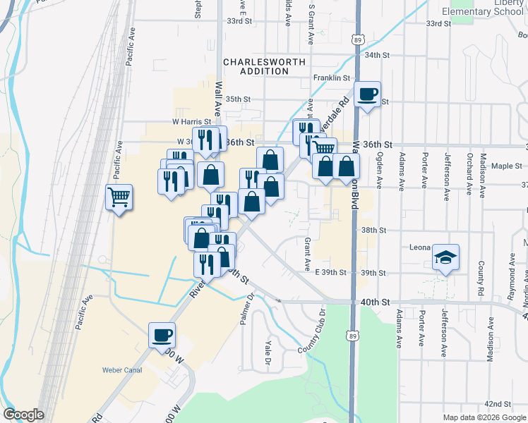 map of restaurants, bars, coffee shops, grocery stores, and more near 3802 Riverdale Road in South Ogden