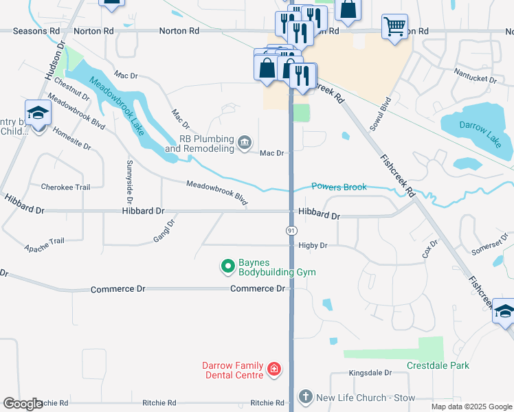 map of restaurants, bars, coffee shops, grocery stores, and more near 1685 Hibbard Drive in Stow