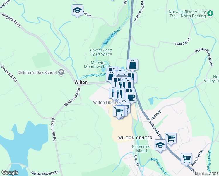 map of restaurants, bars, coffee shops, grocery stores, and more near 42 Old Ridgefield Road in Wilton