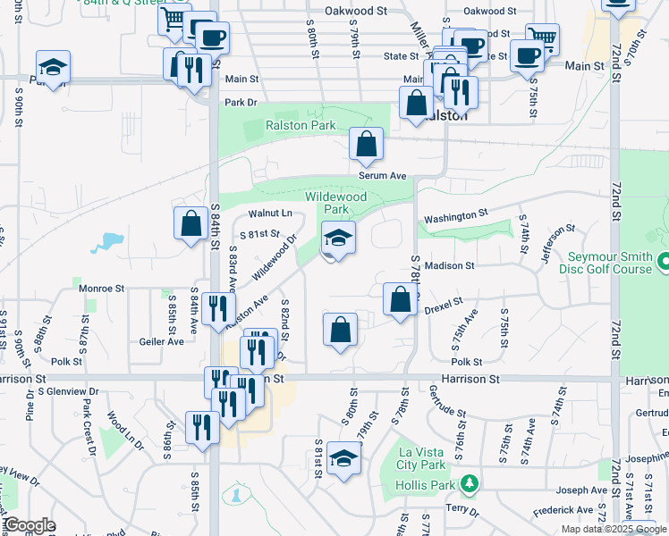 map of restaurants, bars, coffee shops, grocery stores, and more near 8071 Ralston Avenue in Ralston