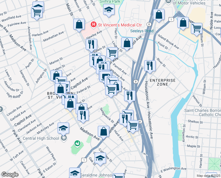 map of restaurants, bars, coffee shops, grocery stores, and more near 2304 Main Street in Bridgeport