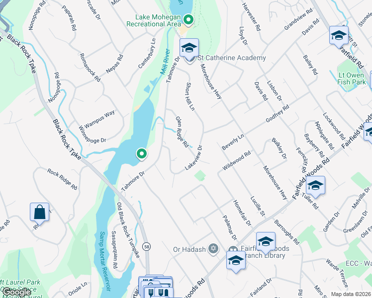 map of restaurants, bars, coffee shops, grocery stores, and more near 150 Glen Ridge Road in Fairfield