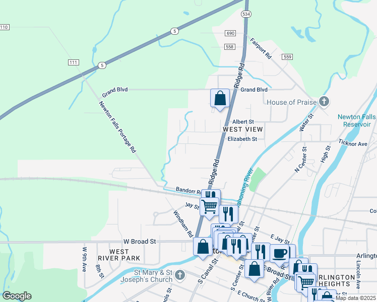 map of restaurants, bars, coffee shops, grocery stores, and more near 479 Ridge Road in Newton Falls