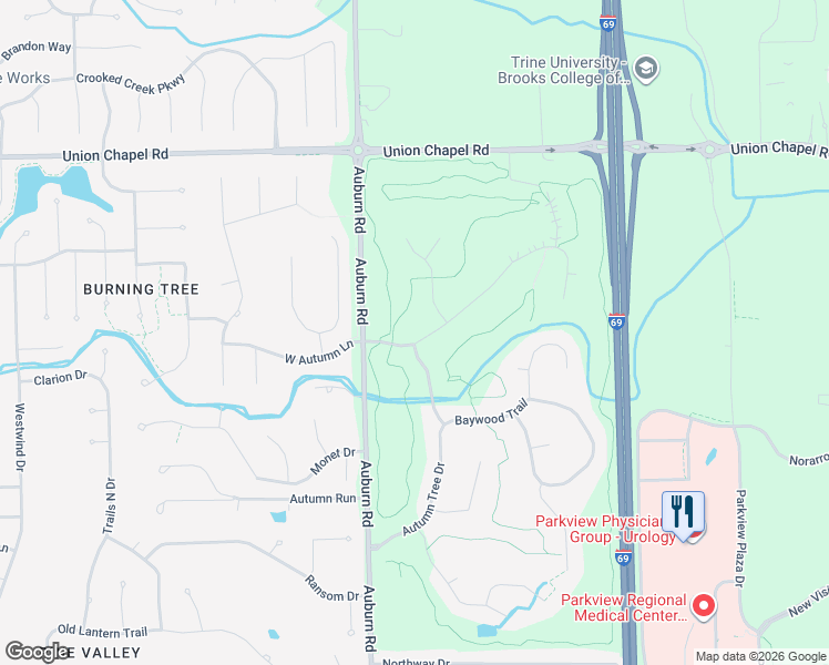 map of restaurants, bars, coffee shops, grocery stores, and more near 2424 Barry Knoll Way in Fort Wayne
