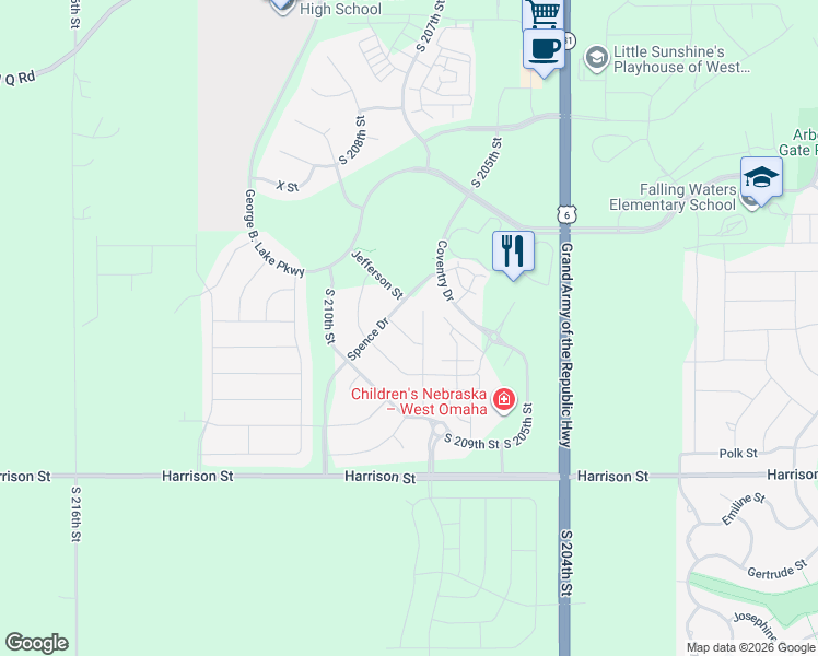 map of restaurants, bars, coffee shops, grocery stores, and more near 6517 South 208th Street in Omaha