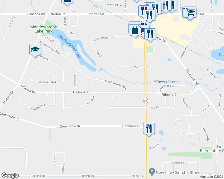 map of restaurants, bars, coffee shops, grocery stores, and more near 1613 Hibbard Drive in Stow