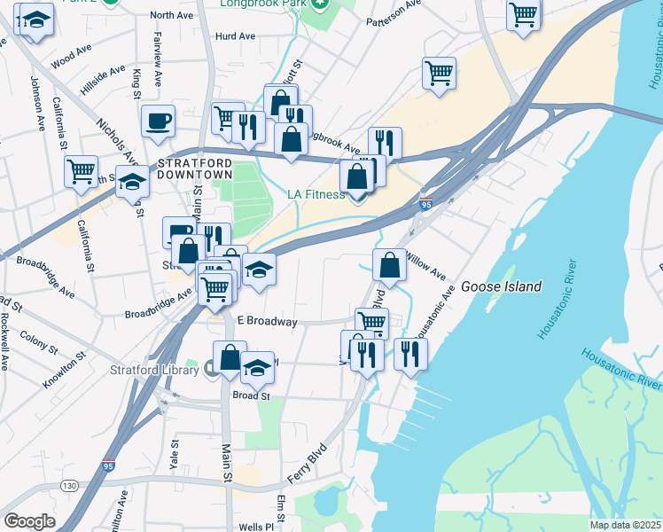 map of restaurants, bars, coffee shops, grocery stores, and more near 64 Meadow Street in Stratford
